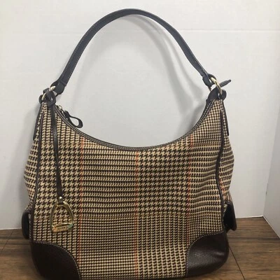 Винтажный Chaps коричневый гончая ткань наплечная сумка сумка Hobo сумка с короткими ручками кожаная отделка - Изображение 1 из 4