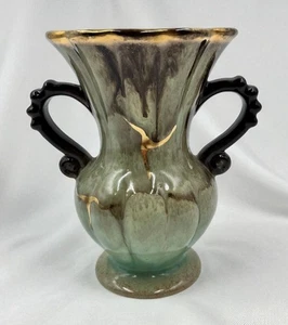 German Ceramic Two-Handled Trophy Vase Drip Glaze Gold Accents Green Brown READ - Picture 1 of 13