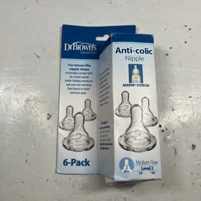NEW Dr. Brown's 6 Pk Natural Flow Anti-Colic Nipple Level 2 Medium Flow 3m+ - Image 1 of 3