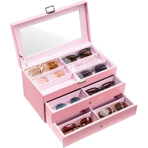 Chic Leather Sunglasses Storage Box - Pink 3-Layer Organizer for Eyewear - Picture 1 of 9