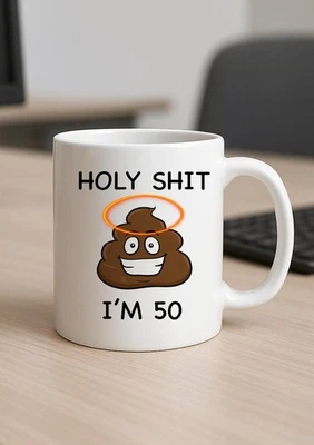 MADE2IMPRESS Funny 50th Birthday Mug Poo emoji mugs Holy*shit Rude Gift Office Humour Coffee