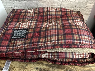 Eddie Bauer Goose Down Puffer Throw Red and Tan Plaid Fleece 50” x 72” Oversize - Image 1 of 4