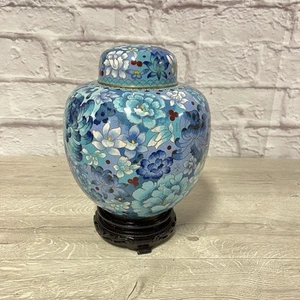 Large Blue Floral Cloisonne Ginger Jar With Wood Stand Urn With Lid 10" - Picture 1 of 16
