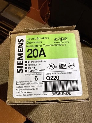 Siemens Q220 20Amp 2-pole 120/240V 60Hz Type QP Circuit Breakers Qty 6 One Price - Image 1 of 2
