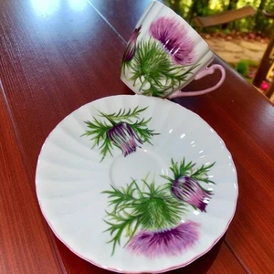 Taza y platillo de cardo Shelley forma delicada de colección hecho en Inglaterra rosa blanco verde - Imagen 1 de 11