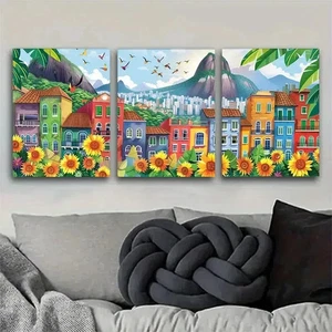 3pcs Vibrant Townscape and Sunflower Mountain Metal Print Ready to Hang Art - Picture 1 of 8