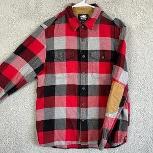 Roots Flannel Shirt Button Up Mens Medium Red Black Plaid Corduroy Elbow Patch - Picture 1 of 8