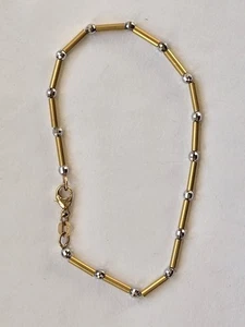 14K Solid Gold Two-Tone Bead Bar Link Bracelet-4 Grams - Picture 1 of 12