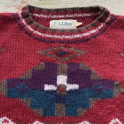 Vintage LL Bean Aztec Sweater 90s Medium Red Purple Green Wool Southwestern - Image 1 of 4