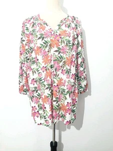 Appleseed’s Floral Tunic Top SZ Large 3/4 Sleeve Boho Peasant Blouse White Pink - Picture 1 of 12