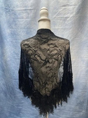 Mantón negro vintage de los años 70 California Things para mujer romántico flecos de encaje formal Foto 1 de 4