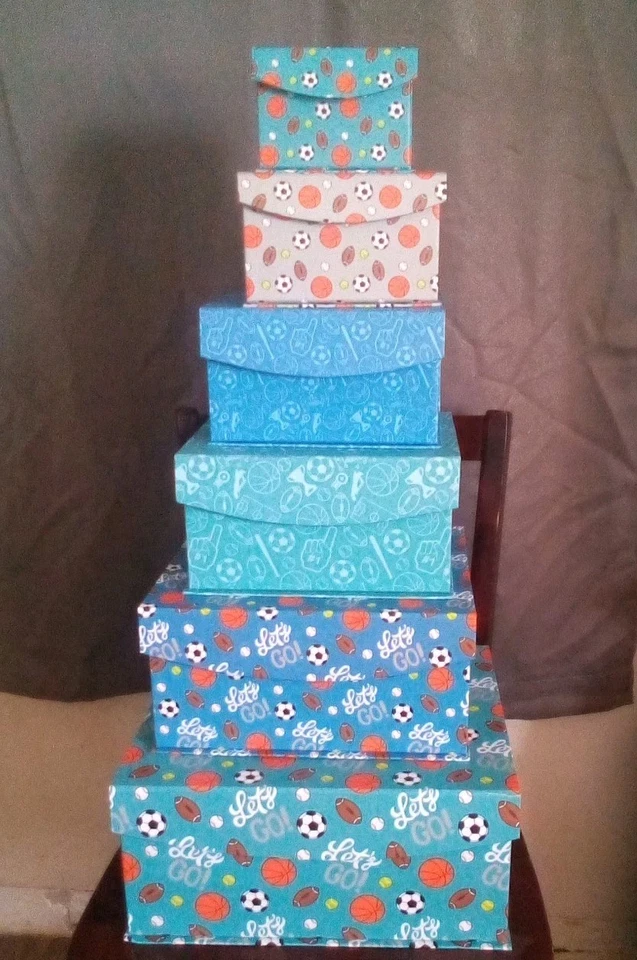 6 Square Nesting Gift Boxes,Boys Sports Decorative Boxes w Lids in 6 Sizes~New - Image 1 of 4