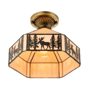 Tiffany Ceiling Light Vintage Elk Stained Glass Shade Semi Flush Mount Lighting - Picture 1 of 7