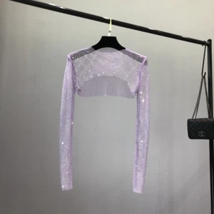 Lady Mesh Crop Top Long Sleeve Rhinestone Fishnet Shawl Shirt Cover Up in Stock - Picture 1 of 18