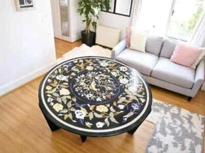 30" Round Black Marble Coffee Table Semi Precious Stone Inlay Marquetry Decors - Picture 1 of 8