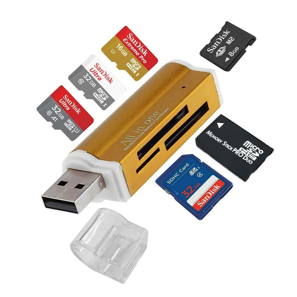 Gold Mini Alu Kartenleser USB Micro SD MMC SDHC M2 Card Reader Adapter Win Z117