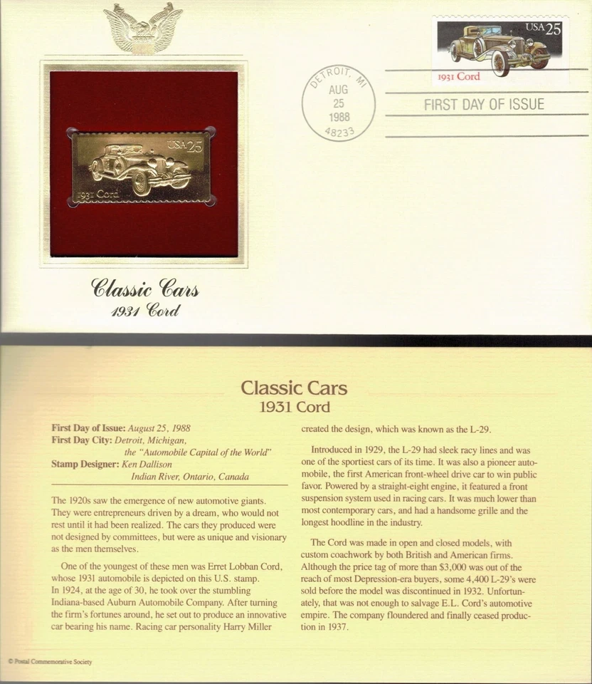 Classic Cars--1934 Cord--1st day issue-Golden Replica - Image 1 of 1