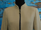 St. John Size 4 Knit Blazer Full Zip Mandarin High Neck Beige Navy Trim Sequins