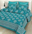 Indian Floral Pattern- Turquoise Color Cotton  Double Bed Sheet With 2 Pillowcas