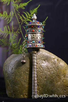 8,4-дюймовое китайское тибетское серебряное долото с гравировкой инкрустированные драгоценные камни молитвенное колесо - Изображение 1 из 4