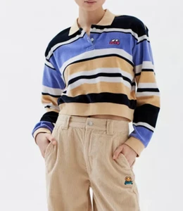 OBEY Women’s Velvetlike Striped Cropped Top/ Polo Shirt - size M - NWT - $85 - Picture 1 of 2