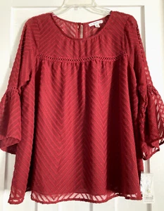 NWT Boho Red Flocked Blouse Sz M - 3/4 Lined Bell Sleeves - John Paul Richard - Picture 1 of 7