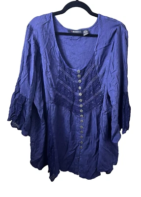 Женские плюс размер 26 джинсовой ткани кружева Henley верхний синий 3/4 Bell рукав фестиваль фея - Изображение 1 из 4