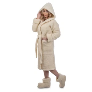Ivory Wool Bath Robe with Hood Poket Dressing SPA Gown 100% Merino Wool Robe - Picture 1 of 10