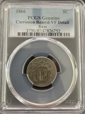 1886 Shield Nickel Rays, PCGS Genuine VF Details, Dye Cracks On Reverse Cover