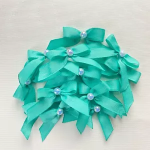 Mint Green Half Pearl Pasted Hand Tied 20 Bow Pack 13mm solid Grosgrain Ribbon - Picture 1 of 8