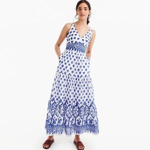 J.Crew Santorini Printed Maxi Dress Blue White Sleeveless V-Neck Cotton Resort - Picture 1 of 19