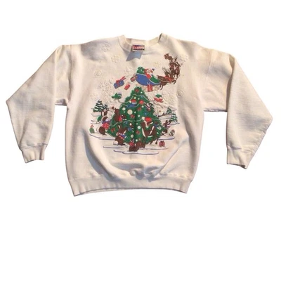 De Colección Hanes Blanco Cuello Redondo Navidad Santa Reno Sudadera Abuela Núcleo Foto 1 de 4