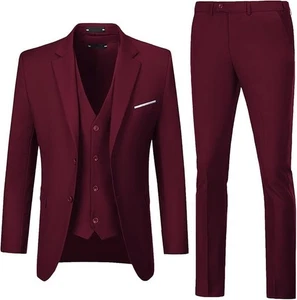 Herren Anzug Slim Fit Burgund 3 Teiler S 38R 32W Kerb Revers 2 Knopf - Bild 1 von 5