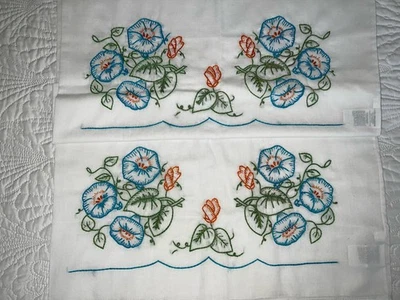 Винтажные наволочки из полиэстера/хлопка с ручной вышивкой синие Morning Glory пара королевский размер - Изображение 1 из 4