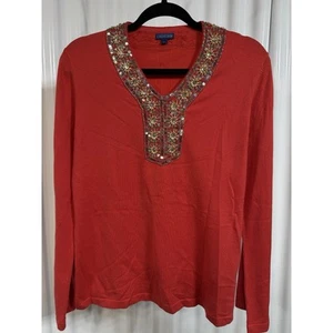 Top de tela Catalina J. McLaughlin rojo cuello en V con cuentas talla grande - Imagen 1 de 5