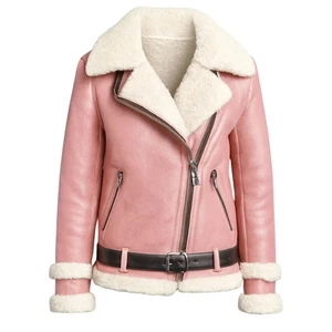 Chaqueta de cuero de aviador de piel de oveja rosa B3 para mujer - Abrigo de bombardero de motociclista de piel de oveja - Imagen 1 de 5