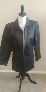 Women's Black Leather Jacket / Coat Black Button-up Size Small Worthington - Picture 1 of 9