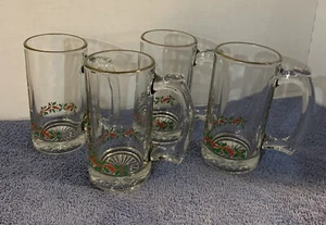 (4) Vintage Libbey LTS3 Christmas Beer Mugs Red Ribbon Holly Berry - Picture 1 of 5