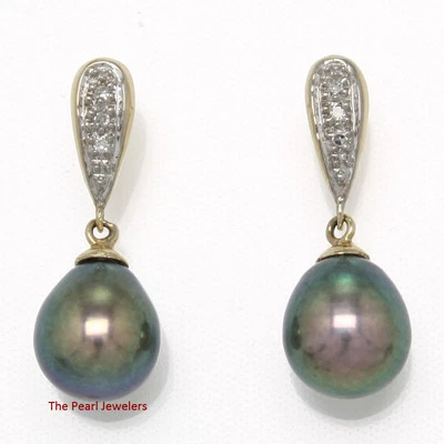 14k Yellow Gold Diamond & Peacock Pearl Dangle Stud Earrings - Image 1 of 3