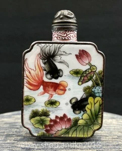 Botella de tabaco de 2,8" rara china antigua Qianlong esmalte cobre color pescado loto - Imagen 1 de 9
