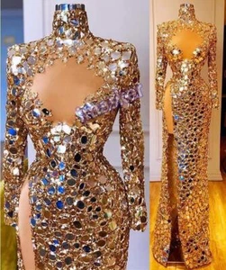 Women Gold Sequined Mirror Prom Dresses Long Sleeves High Split Gowns Dress - Picture 1 of 13