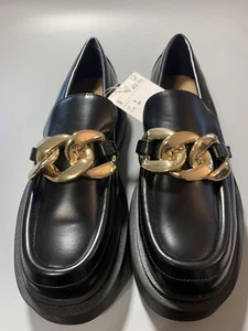H&M Black Faux Leather Chunky Platform Gold Chain Link Loafers Sz 8 Gloss Black - Picture 1 of 7