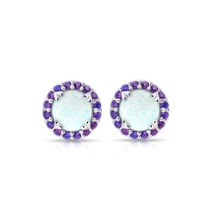 Round Halo Simulated Opal & Amethyst Stud Earrings in Sterling Silver - Picture 1 of 3