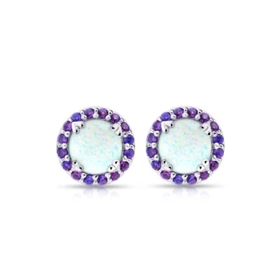 Round Halo Simulated Opal & Amethyst Stud Earrings in Sterling Silver - Image 1 of 3