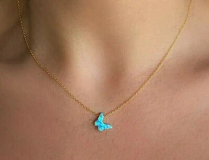 Butterfly Necklace, White Blue Opal Necklace, Sterling Silver, Gold, Rose Gold - Picture 1 of 10