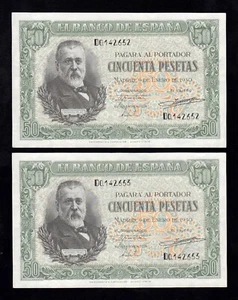 F.C. PAREJA CORRELATIVA 50 PESETAS 1940 , SERIE D , S/C- . - Picture 1 of 2