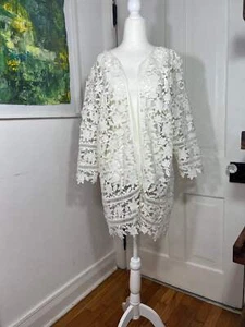 PRE-OWNED - ALFANI White Eyelet Lace Three Quarter Sleeve Open Front Cardigan - Picture 1 of 2