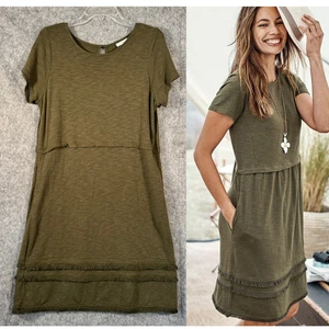 Abito midi J Jill verde oliva frange tasche casual boho comodo taglia M petite - Foto 1 di 11
