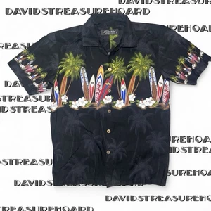 Vintage Favant Hawaiian Shirt Mens Size S Black Surfboard Palmtree Bohemian Surf - Picture 1 of 8