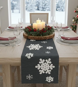 Corredor de mesa XL 30x170 cm cristales de hielo gris con copos de nieve flocados invierno - Imagen 1 de 10
